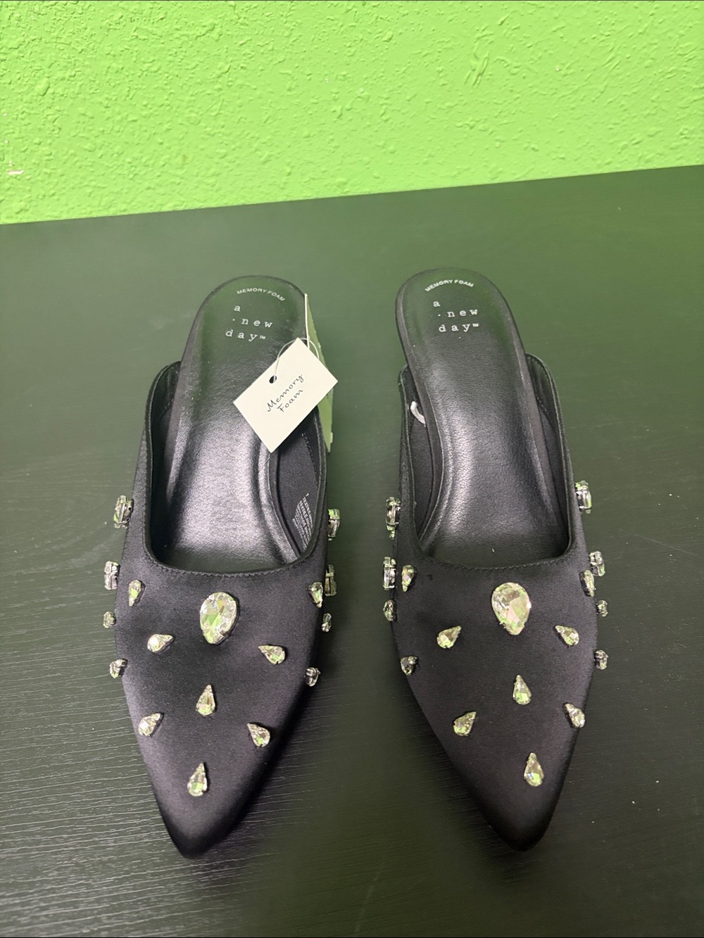 a new day Black Jeweled Pointed Slip-On Mules